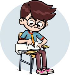 boy writes in a notebook while sitting in class