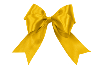 Shiny golden yellow satin ribbon with bow isolated on a transparent background.