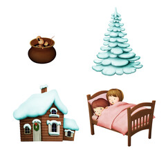 Obraz premium Set collection of Christmas or New Year elements on transparent layer fairy tale story kids at home on winter holiday weekendв