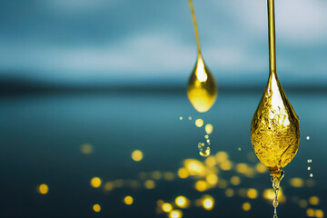 Drops of golden liquid. 3D liquid gold liquid with reflection. Beautiful surface for wallpapers and banners. 3d illustration