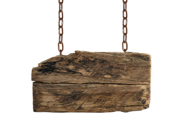 Old empty wooden sign hanging on a rusty chain isolated on a transparent background.