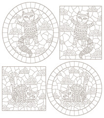 Fototapeta na wymiar Set of contour illustrations of stained glass Windows with cute cartoon cats on a cloud background, dark contours on a white background