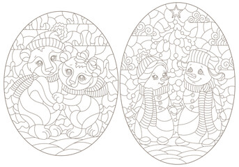 Set of contour illustrations in a stained glass style with cute cartoon bears and snowmen on the background of winter landscapes, dark outlines on a white background