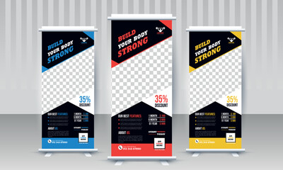 Build your body strong Fitness gym business standee roll up banner design with three color variants red yellow blue vector template
