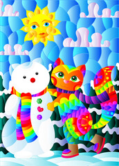 Stained glass illustration with a cute cartoon kitten and a snowman against a winter landscape, a rectangular image in a bright frame