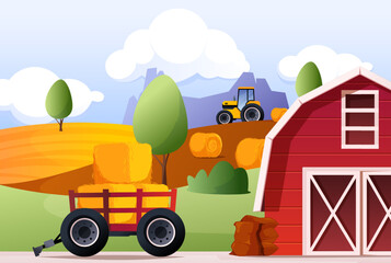 Hay bales cartoon landscape. Rural scene with flat haystack, horizontal countryside scenery farm field. Vector panoramic illustration. Farm barn, tractor working on field, rolled straw