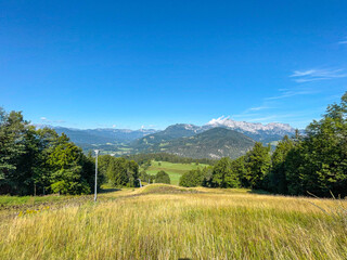 Panoramic view of the Berchtesgaden Alps with the Berchtesgaden Hochthron as the highest peak of the Untersberg massif in the Northern Limestone Alps named after the market town of Berchtesgaden 