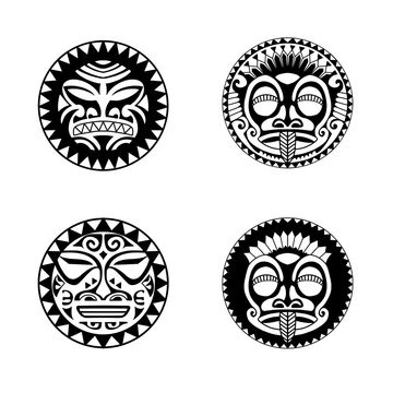 Polynesian sun face maori tattoo style.  Pattern aboriginal samoan. Black and white texture, isolated vector.