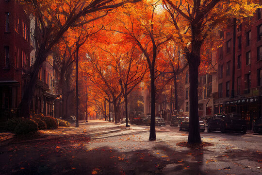 autumn in the city, beautiful autumn park scene, calm nature colorful warm background, digital illustration, digital painting, cg artwork, realistic illustration