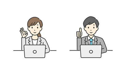 パソコンを使用している会社員のOKのポーズのイラスト
