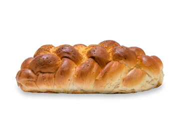 Close-up of a traditional sweet braided yeast bread called - zopf, challah, petticoat or brioche isolated on a transparent background.