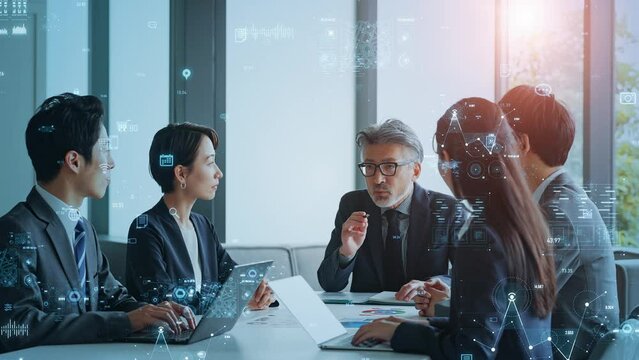 ミーティングするビジネスグループとデータ分析イメージ