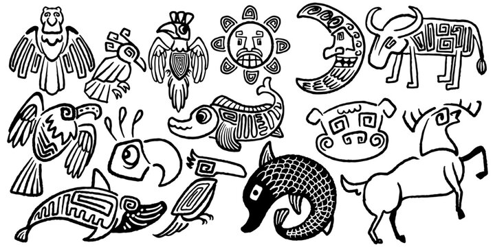 fourteen tribal ethnic hand drawing set elements. set of indian animal tribal drawing.