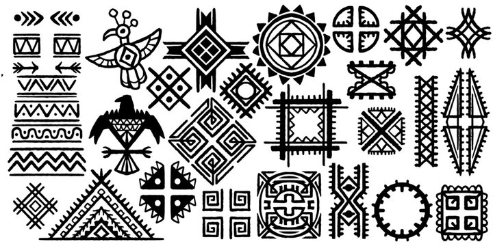 tribal ethnic hand drawing set elements. set of indian tribal drawing.