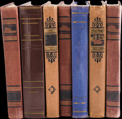 Stack of old books isolated. Library shelf. The book is in a cloth cover. Vintage binding