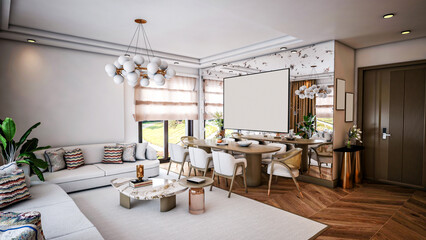 dining room, modern living room, Worn mirrored living room, aged mirrored dining table, spacious interior design