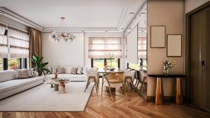 Fototapeta na wymiar interior with dining table, interior of a dining room, room interior, white living room with wooden floor, living room design, interior architecture, living room