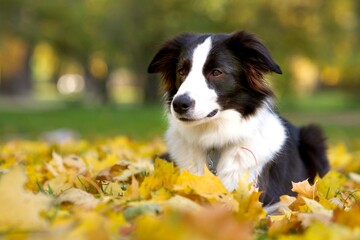 Fototapeta premium Portrait of happy beautiful black and white dog Border Collie lying in colourful yellow leaves, foliage in golden autumn park. Copy space. Sad thoughtful pensive pet