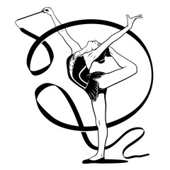Rhythmic Gymnastics. Girl with ribbon. Vector Ink Style Outline Drawing. Shadow and ribbon are separate objects.