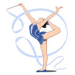Gymnast with ribbon. Rhythmic Gymnastics. Pop Art style. Vector drawing.