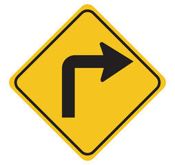 Turn right sign. Yellow road right sign on white background.
