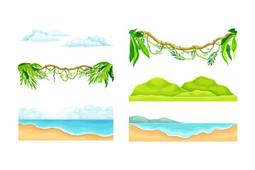Tropical Landscape Element with Sandy Sea Shore, Ocean, Bush and Liana Vector Set