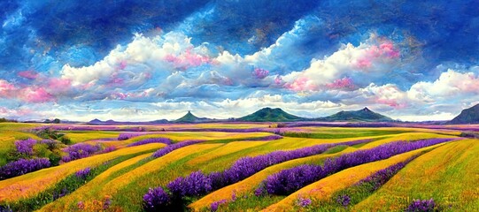 Watercolor purple clouds and beautiful imaginative French lavender rows landscape - rural countryside farms and agriculture fields - vast panoramic vista and outdoor nature art background.