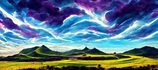 Fototapeta na wymiar Watercolor purple clouds and beautiful imaginative French lavender rows landscape - rural countryside farms and agriculture fields - vast panoramic vista and outdoor nature art background.