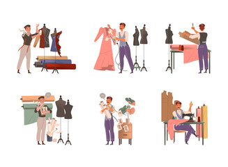 Man Fashion Designer or Tailor with Measuring Tape and Scissors Sewing and Cutting Fabric Vector Set