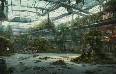 Zelfklevend Fotobehang post-apocalyptisch winkelcentrum, dystopische overwoekerde ruïne, digitaal schilderen © dottedyeti
