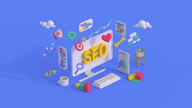 SEO optimization marketing isometric design. Minimal cartoon style 3D render animation