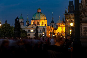 View of the Charles Bridge in Prague (Karluv Most - in czech) at sunset, Czech Republic.