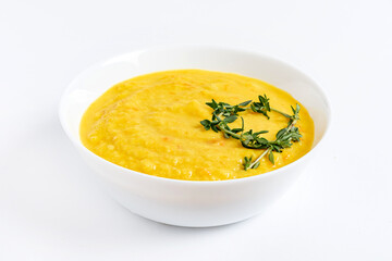 pumpkin cream soup on the white