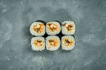Maki sushi roll with eel on a gray background. Selective Focus. Sushi Menu