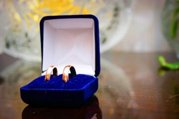 Wedding photo, blue box with gold wedding rings