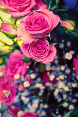 Wedding photo, wedding bouquet pink roses green leaves
