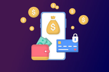 3D bill payment with credit card for online shopping. Concept of payment processing, financial transactions, transfer, bank card, e-wallet for buying process, monetary currencies. Vector illustration.