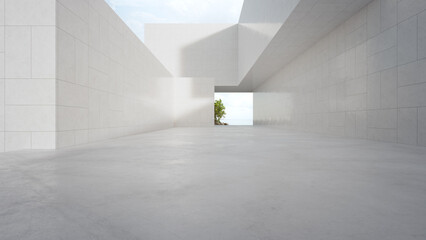 Empty white concrete floor in minimal architecture. 3d rendering of abstract gray building with beach and sea view background.
