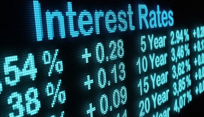 Fototapeta premium Rising interest rates. Different yield and maturities for bonds and interest on stock exchange screen. Finance, bond trading and saving accounts concept. 3D illustration