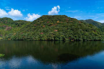 Fototapeta na wymiar reservoir of a straight concrete gravity dam in Fukuoka city, JAPAN.