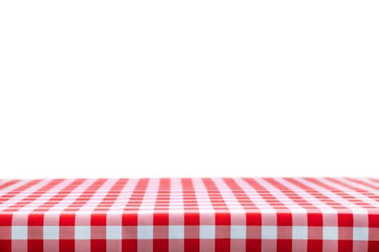 Classic italian cooking template - blank table with a red checked tablecloth isolated on a transparent background.