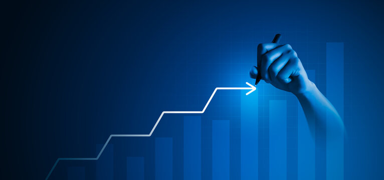 Hand write diagram graph growth step arrow business chart strategy on plan concept background with progress timeline marketing data or creative digital flowchart target and workflow info development.