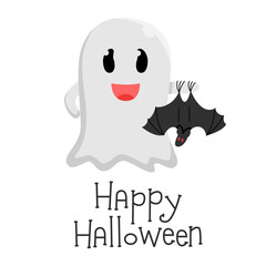 Cute ghost spirit holding bat. Happy Halloween. Childish smiling spooky boo character. Great for greeting card, poster, kids room, logo, print, mascot. Isolated flat cartoon vector illustrations