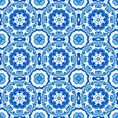 Blue white watercolor azulejos tile background. Seamless coastal geometric floral mosaic effect. Ornamental arabesque all over summer fashion damask repeat