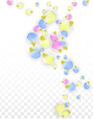 Vector Realistic Colorful Petals Falling on Transparent Background.  Spring Romantic Flowers Illustration. Flying Petals. Sakura Spa Design. Blossom Confetti. Design Elements for Wedding Decoration.