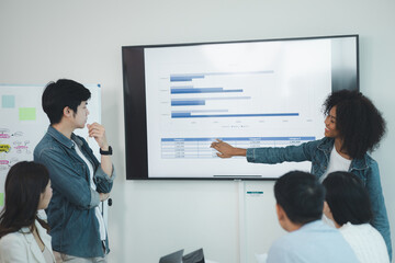 A group of startup management people are having a brainstorming meeting in the conference room, with supervisors and employees meeting and solving problems. Company management concept.