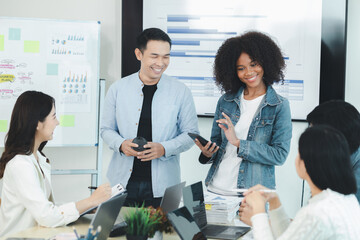 A group of startup management people are having a brainstorming meeting in the conference room, with supervisors and employees meeting and solving problems. Company management concept.