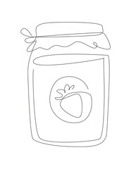 One line jar with a strawberry jam. line art Glass with a homemade marmalade. outline illustration.