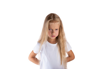 Offended girl isolated on white background.
