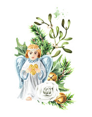 Obraz na płótnie Canvas Christmas Angel with Winter festive decor. Hand drawn watercolor illustration isolated on white background